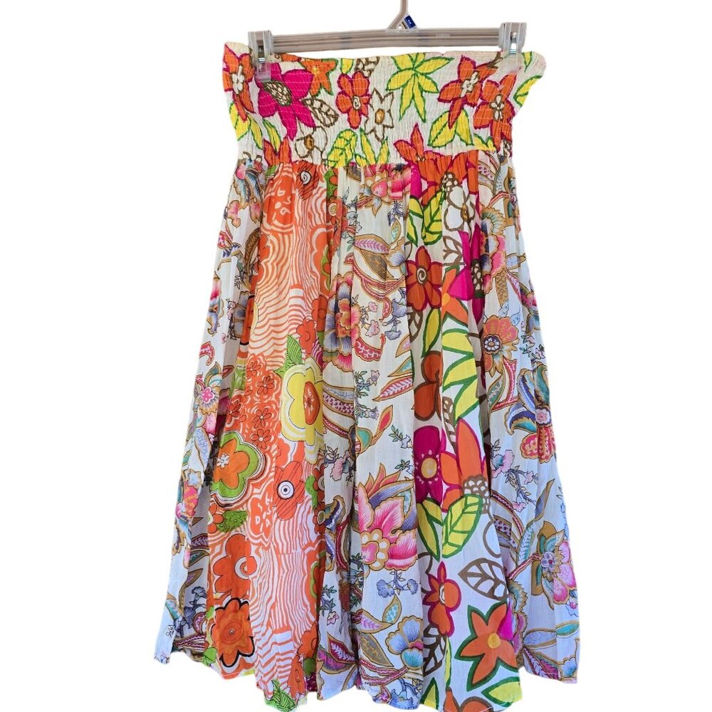 Papillio 1 Colorful Floral Patchwork Skirt Smocked Waist & Lining M cottagecore